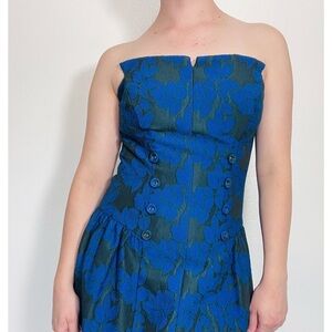 Eva Franco | Blue & Olive Leaf Print Strapless Tanzia Dress